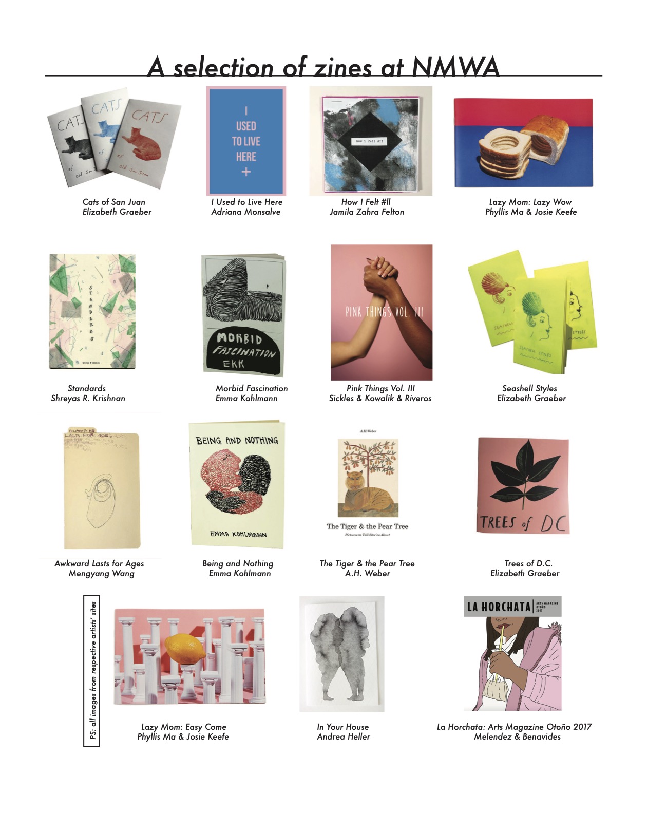 selection of 15 zines in grid pattern at National Museum of Women in the Arts